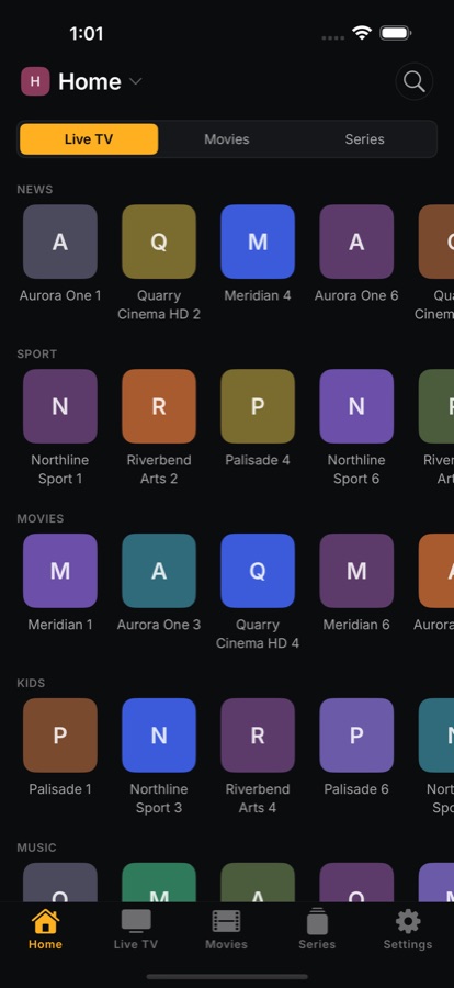 King IPTV's home screen: channels grouped into News, Sport, Movies and Kids