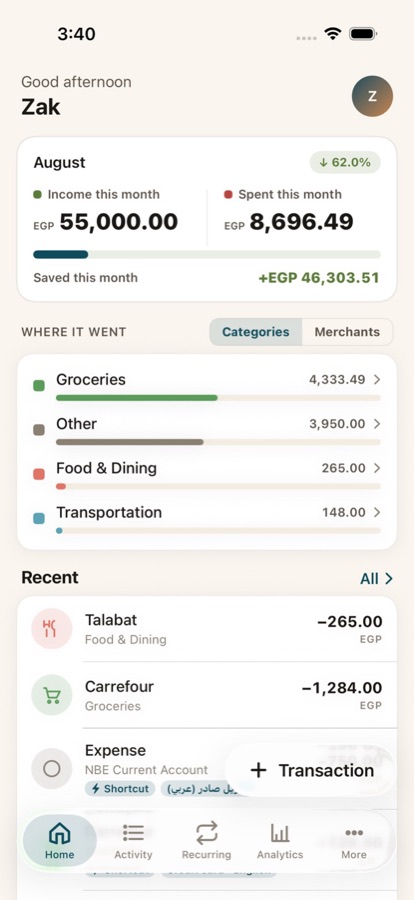Masarefy's home screen: income, spending this month and where it went