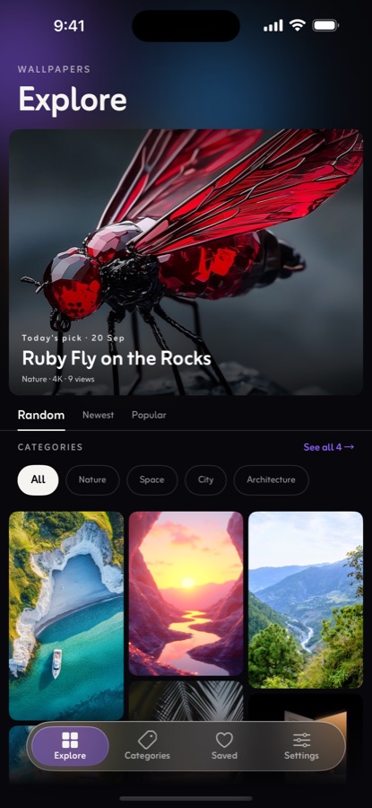 ZaPixel's Explore screen: today's pick, sort tabs, categories and a wallpaper grid